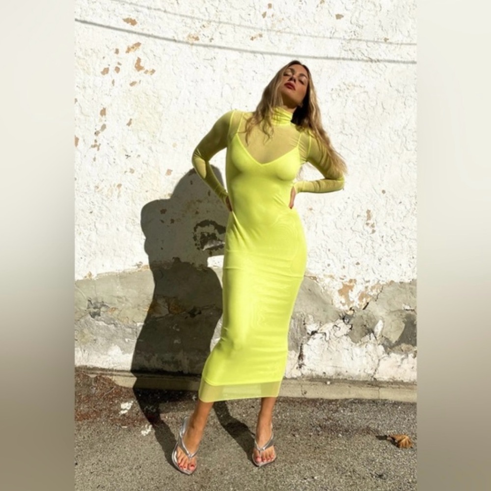 AFRM (Nordstrom) Shailene Electric Yellow Sheer Turtleneck Bodycon Dress